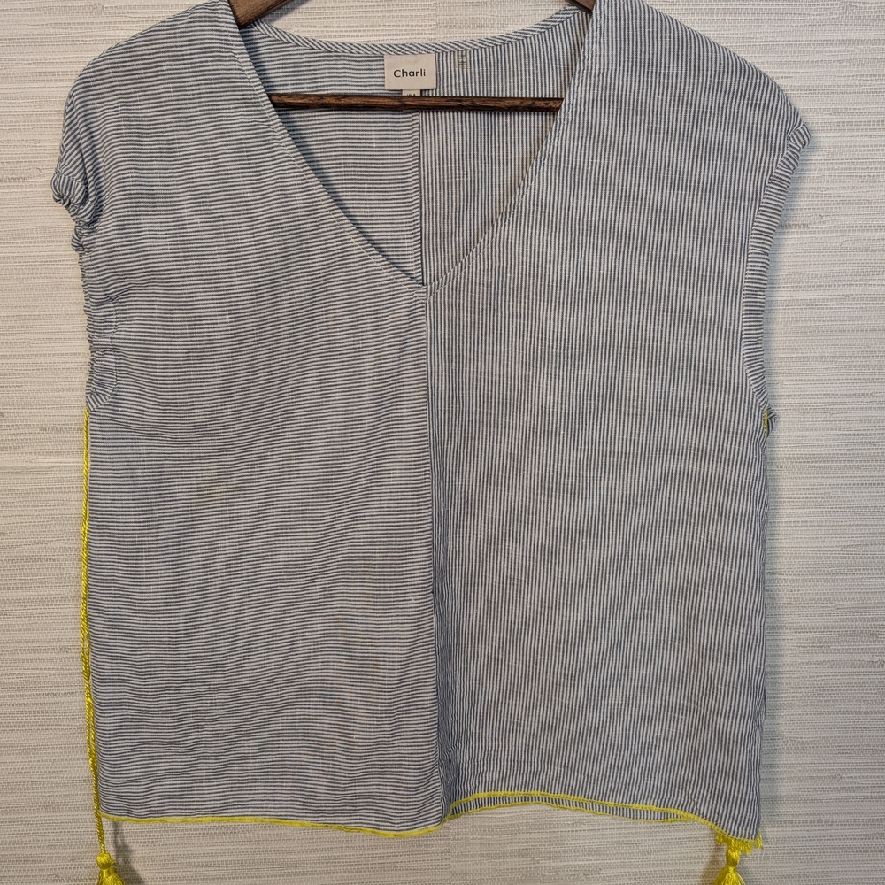 Charli London Linen Cotton Striped Top With Tassel Arm Ties Blue Yellow